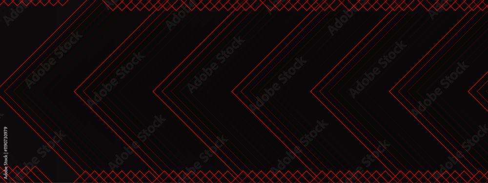 Poster Abstract Geometric Chevron Pattern with Red Accents on Black Background. Futuristic Linear Design for High-Contrast Modern Projects. Red and black are light pattern with the gradient