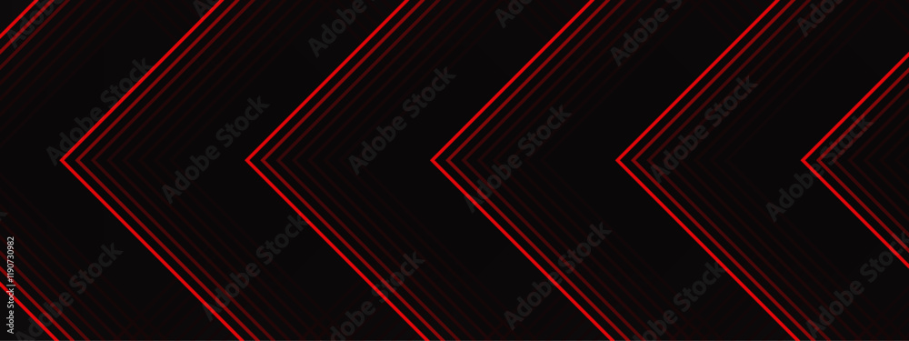 Poster Abstract Geometric Chevron Pattern with Red Accents on Black Background. Futuristic Linear Design for High-Contrast Modern Projects. Red and black are light pattern with the gradient