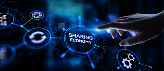 Sharing economy, innovation and future business technology concept on virtual screen.