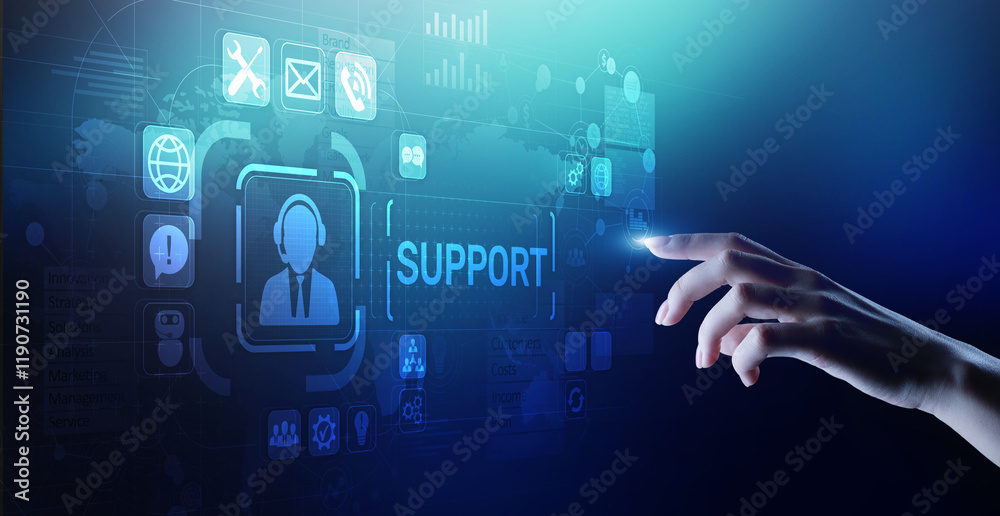 Poster Support button on virtual screen. Customer service and communication concept.
