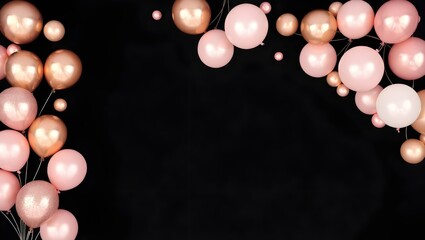 Rose Gold and Blush Pink Balloons with Glitter on Black Background