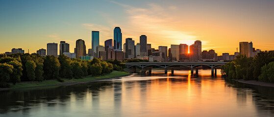 Naklejka premium Urban Skyline at Sunset Above Tranquil River