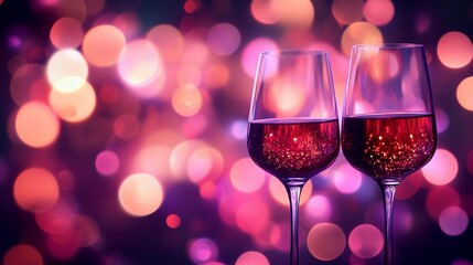 Soft blurred bokeh lights glowing beside elegant wine glasses, creating a romantic and intimate ambiance, style book illustration