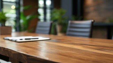 Stylish wooden conference table with modern chairs and plants, ideal for professional meetings and collaborative environments