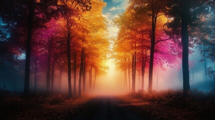 Fototapeta premium A Serene Autumn Landscape with Vibrant Trees Illuminated by Soft Morning Light in a Misty Forest Path
