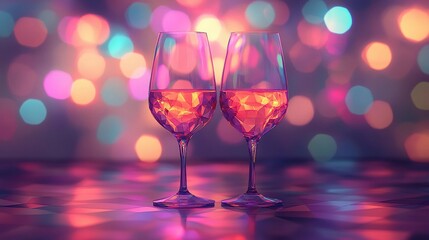 Soft blurred bokeh lights glowing beside elegant wine glasses, creating a romantic and intimate ambiance, style book illustration