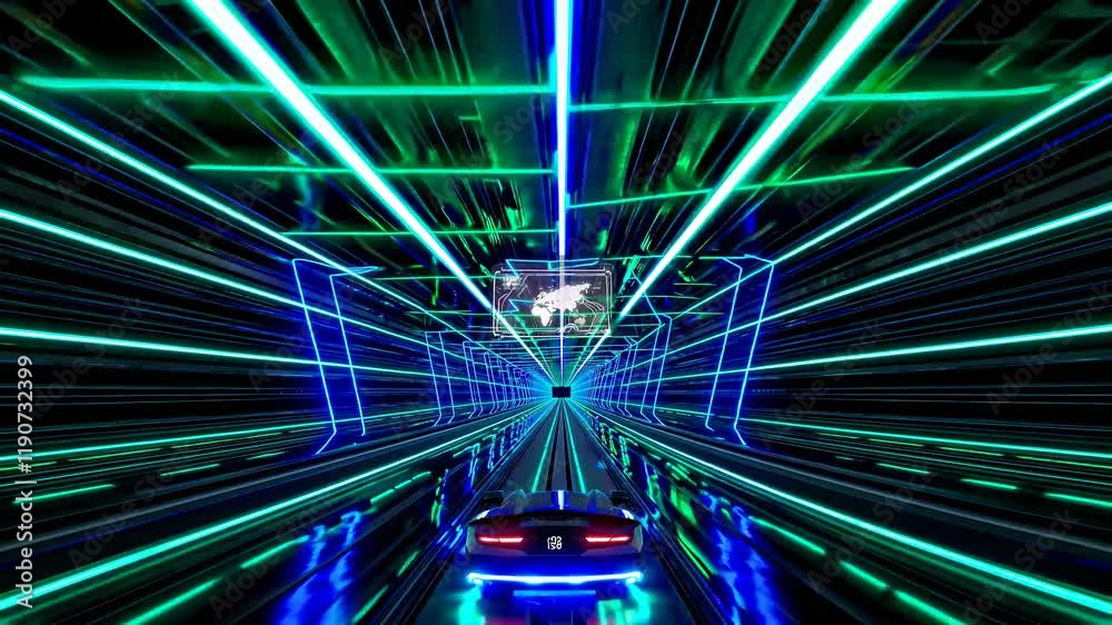 Poster exciting ride through a futuristic neon tunnel at night with glowing lights and dynamic visuals