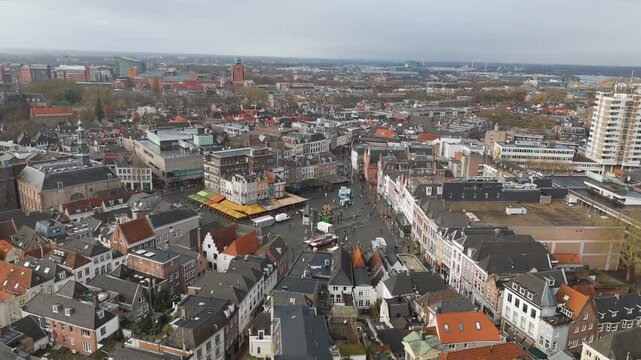 Aerial drone video of the market sqaure in Den Bosch, the Netherlands.