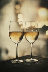 Obraz premium Soft blurred bokeh lights glowing beside elegant wine glasses, creating a romantic and intimate ambiance, style book illustration