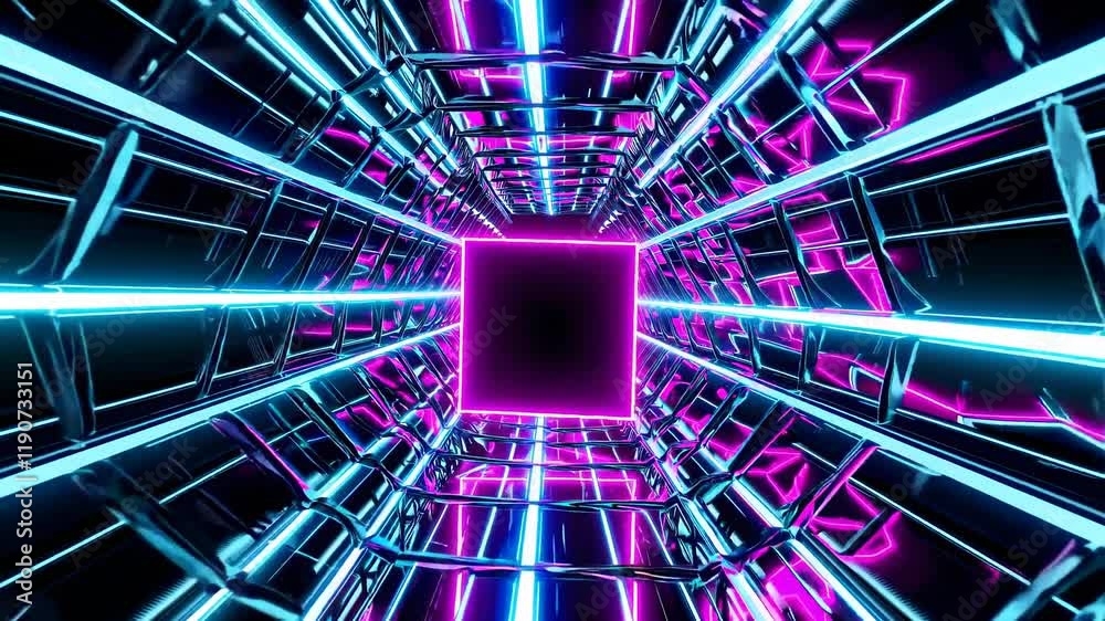 Aufkleber exploring futuristic neon tunnels with glowing cubes and reflective surfaces