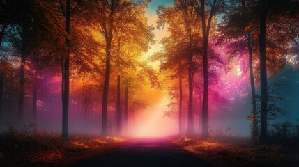 Fototapeta premium Ethereal Forest Pathway at Dawn with Vibrant Autumn Colors and Misty Atmosphere Creating a Dreamlike Landscape