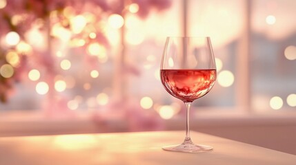 Soft blurred bokeh lights glowing beside elegant wine glasses, creating a romantic and intimate ambiance, style book illustration