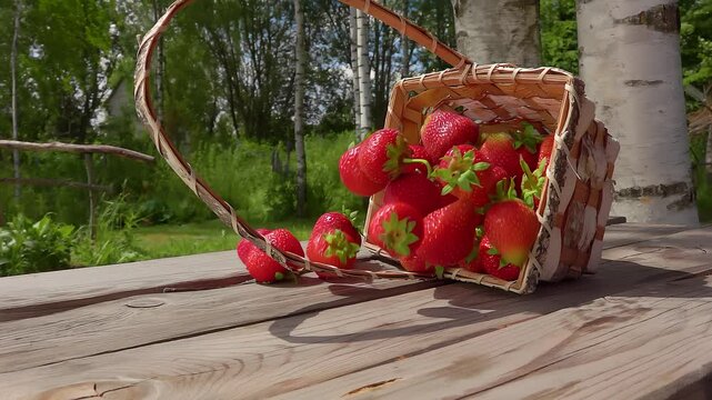 A basket of fresh strawberries tips over on a wooden table on a sunny day. High quality 4k footage