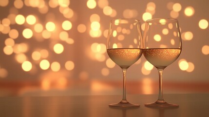 Elegant blurred bokeh lights beside wine glasses creating a romantic atmosphere.