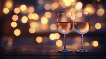 Elegant blurred bokeh lights beside wine glasses creating a romantic atmosphere.