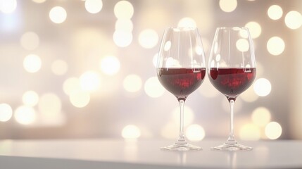 Elegant blurred bokeh lights beside wine glasses creating a romantic atmosphere.