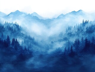 Blue mountains and trees with fog for backdrop usage