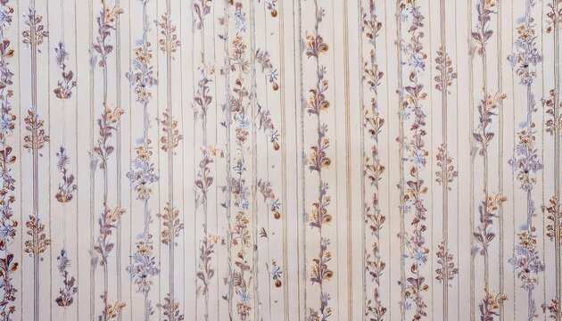 Fototapeta vintage floral wallpaper pattern with vertical stripes, delicate flower motifs, warm beige and gold tones, retro interior design