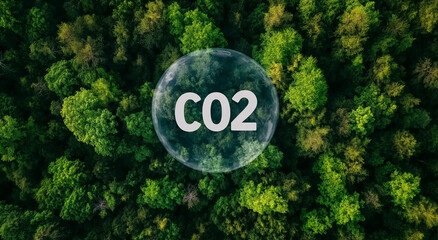 Green forest with CO2 text in floating bubbles. Reduce carbon emissions to fight climate change and global warming