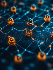 Network security concept; glowing hexagons linked on circuit board.