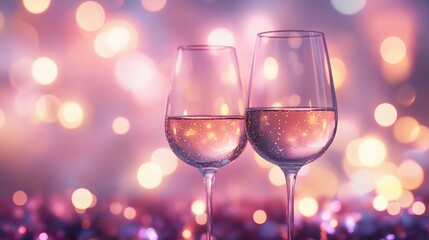 Elegant blurred bokeh lights beside wine glasses creating a romantic atmosphere.