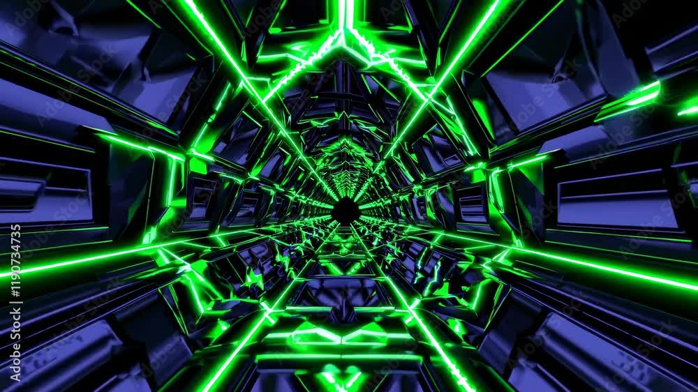 Poster exploring a futuristic tunnel design with vibrant green patterns in a dynamic digital environment