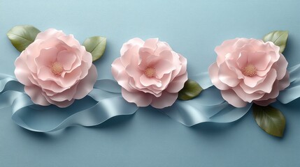 Fototapeta premium Three pastel pink roses with blue ribbon on blue background.