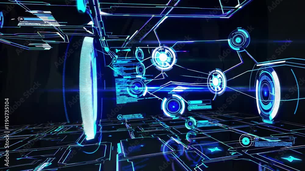 Poster Exploring futuristic digital interface designs with glowing elements and data visualization in a cyber environment