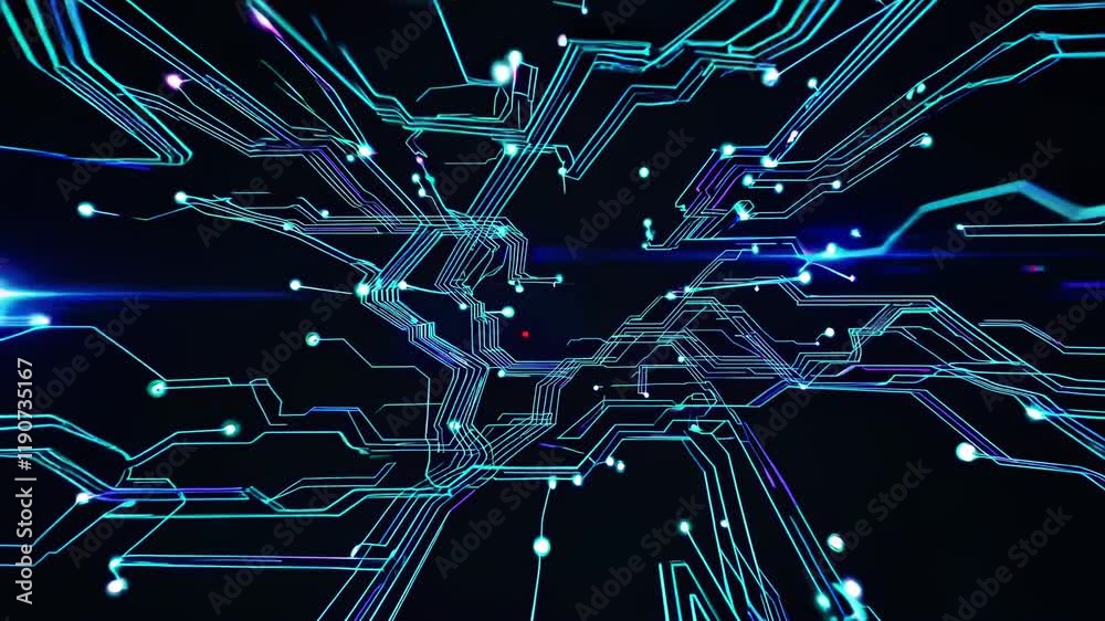 Poster visual representation of digital circuitry and connection paths in a seamless abstract animation