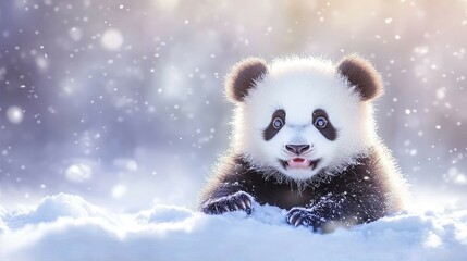 A fluffy panda cub, its black and white fur shining in the sunlight, playfully sitting in the snow. Its joyful smile and soft features create a heartwarming and peaceful scene