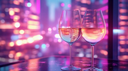 Elegant blurred bokeh lights beside wine glasses creating a romantic atmosphere.
