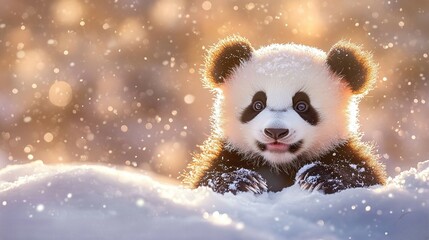 A fluffy panda cub, its black and white fur shining in the sunlight, playfully sitting in the snow. Its joyful smile and soft features create a heartwarming and peaceful scene