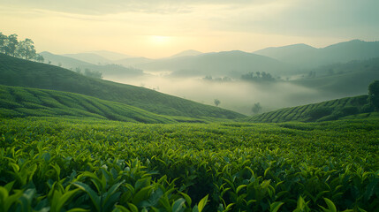 A serene Chinese tea plantation, with neatly arranged rows of lush green tea bushes and misty hills in the background, during a peaceful morning