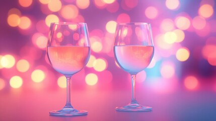 Elegant blurred bokeh lights beside wine glasses creating a romantic atmosphere.
