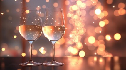 Elegant blurred bokeh lights beside wine glasses creating a romantic atmosphere.