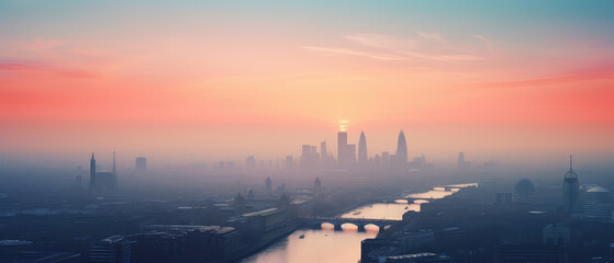 Naklejka premium Misty Sunrise Over Modern City Skyline