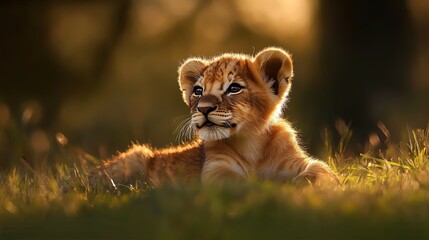 Obraz premium A little lion cub, with a golden mane starting to grow, lying in the soft grass under the warm sun. Its content smile and relaxed posture capture a peaceful and healing moment in nature. 