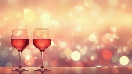 Elegant blurred bokeh lights beside wine glasses creating a romantic atmosphere.
