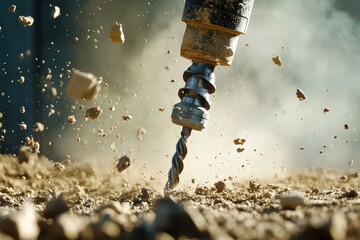 Close-up of Drill Bit Penetrating Concrete with Debris