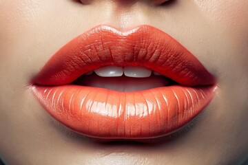 Fototapeta premium Peachy Glossy Lips: Close-up Drone Shot of Smooth, Natural Sheen Lip Texture. Beauty and Allure.
