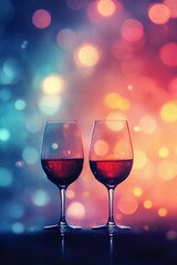 Elegant blurred bokeh lights beside wine glasses creating a romantic atmosphere.