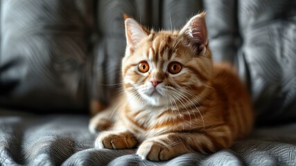 Obraz premium Orange tabby kitten resting on textured gray sofa, showcasing playful and cute expression