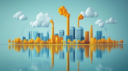Fototapeta premium Low Polygonal Cityscape Industrial Reflection in Calm Waters Autumn Trees