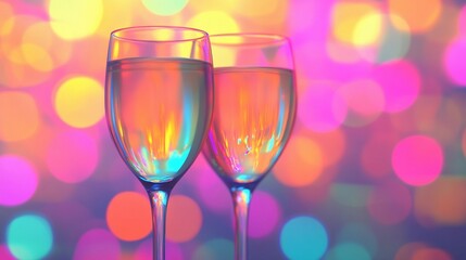 Elegant blurred bokeh lights beside wine glasses creating a romantic atmosphere.