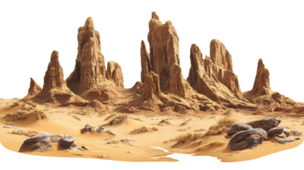 Sandy desert landscape with rock formations transparent background