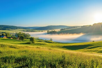 Obraz premium Misty River Summer Landscape: Serene Fog, Lush Greenery, Tranquil Beauty, Peaceful Dawn, Majestic Nature Scene, 