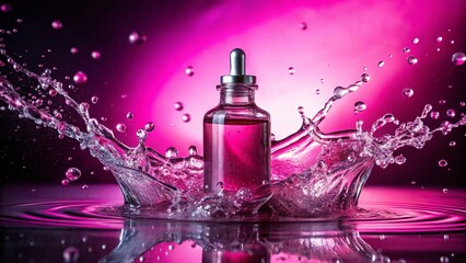 Pink Water Splash Macro Photography: Glass Bottle Serum