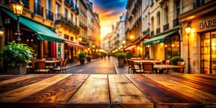 Empty Wooden Table Paris Background - Coffee Shop Product Display Stock Photo