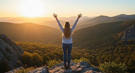 Obraz premium Happy Woman Enjoying Sunset on a Mountain Peak