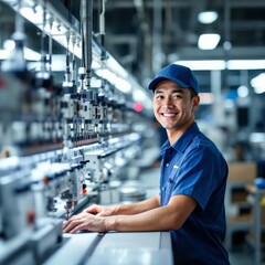 Smiling Factory Worker Operating Machinery in Modern Industrial Facility
